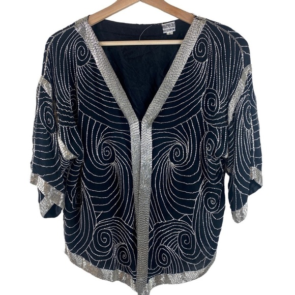 Vintage Silk Beaded Jacket Black and Silver Size Large - Picture 3 of 8